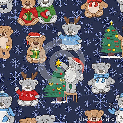 Seamless pattern with cute christmas teddy bears Vector Illustration