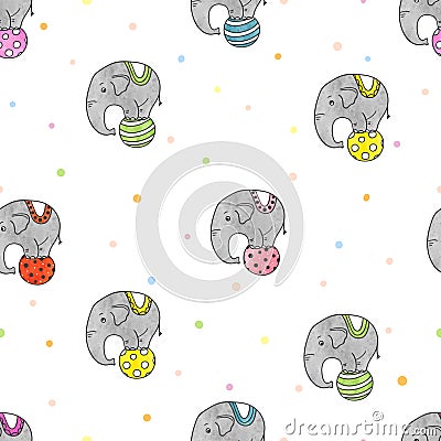 Seamless pattern with colorful cute circus elephants. Vector Illustration