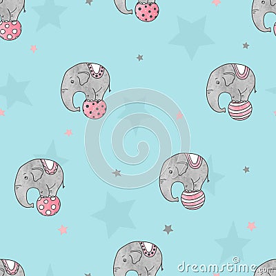 Seamless pattern with cute watercolor circus elephants. Vector Illustration