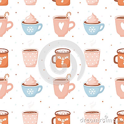 Seamless pattern with cute cocoa cups and marshmallows. Vector Illustration