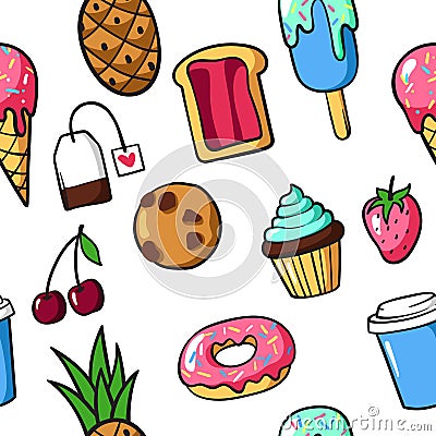 Seamless pattern of cute colorful patch badges and pins with foo Vector Illustration