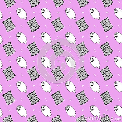 seamless pattern of cute condom and ghost cartoon Stock Photo