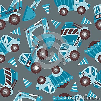 Seamless pattern of cute construction equipment for different purposes. Vector Illustration