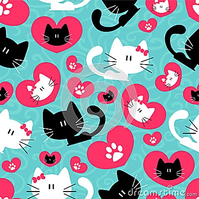 Seamless pattern with cute couple of cats Vector Illustration