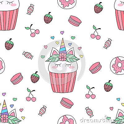 Seamless pattern cute cupcakes cartoon hand drawn style. Cartoon Illustration