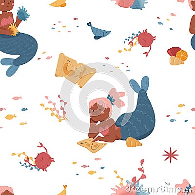 Seamless pattern with cute dark skinned mermaid, seaweed and fish Vector Illustration