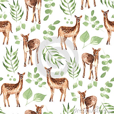 Seamless pattern with cute deers and greenery on white Cartoon Illustration