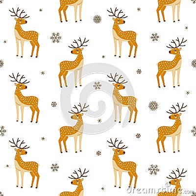 Seamless pattern with cute deers and snowflakes for lovely fabric design Vector Illustration