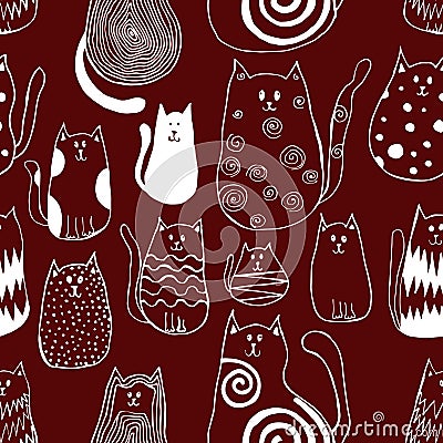 Seamless pattern with cute doodle cats. Outline animal art Vector Illustration