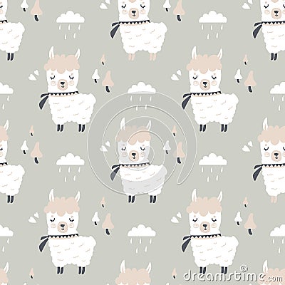Seamless pattern with cute doodle llamas. Texture background in scandinavian style Vector Illustration
