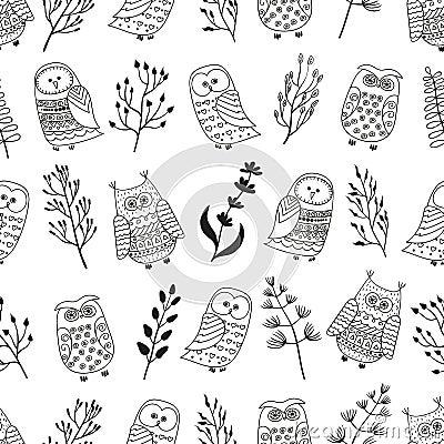 Seamless pattern with cute doodle owls and branches. Vector Illustration