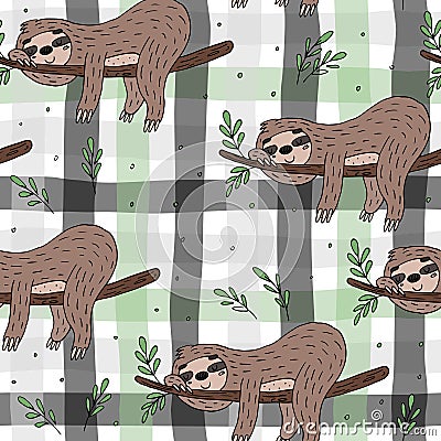 Seamless pattern with cute doodle sloth print Vector Illustration