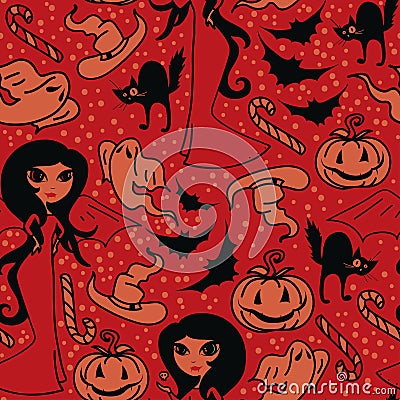 Seamless pattern with cute doodle witches and traditional halloween things Vector Illustration