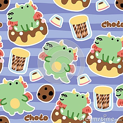 Seamless pattern of cute dragon with various dessert.Jurassic animal Vector Illustration