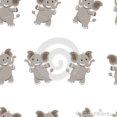 Seamless pattern with cute elephant and funny cartoon zoo animals on white background Vector Illustration