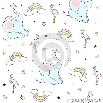 Seamless pattern with cute elephants. Vector Illustration