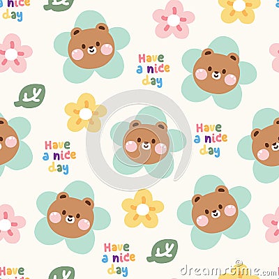 Seamless pattern of cute face bear flower head with leaf background.Wild Vector Illustration