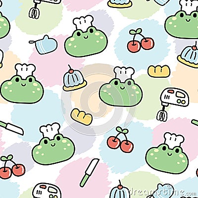 Seamless pattern of cute face frog wear chef hat with kitchenware on pastel color circle background Vector Illustration