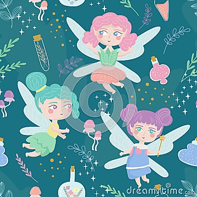 seamless pattern with cute fairies and magic potion. Fairy tale concept for children's fabric, clothes Vector Illustration