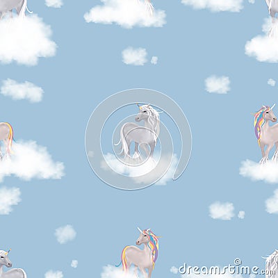 Seamless pattern cute Fantasy unicorns with clouds. Vector illustration Enless wonderland background for kids, Childish repeated Vector Illustration