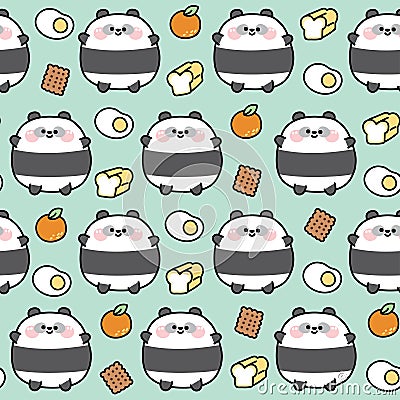 Seamless pattern of cute fat panda bear with food icon on pastel background.Chubby pet animal funny Vector Illustration