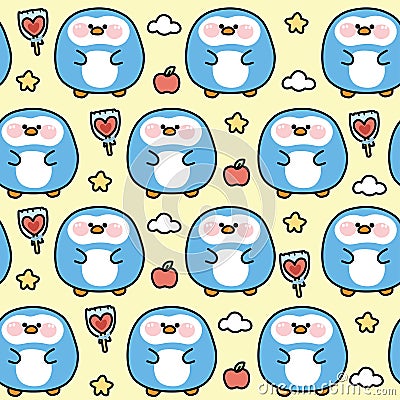 Seamless pattern of cute fat penguin with icon on pastel background.Chubby Vector Illustration