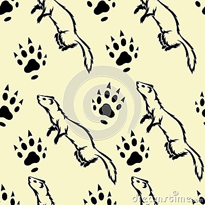 Seamless pattern with cute ferrets and their footprints on a yellow background. Design for wallpaper, textiles Vector Illustration