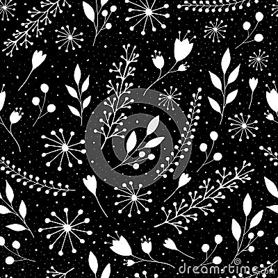 Seamless pattern with cute flowers and sprigs on a black background Vector Illustration