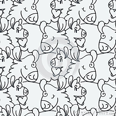 Seamless pattern cute fluffy alpacas. Funny smiling cozy animals Cartoon Illustration