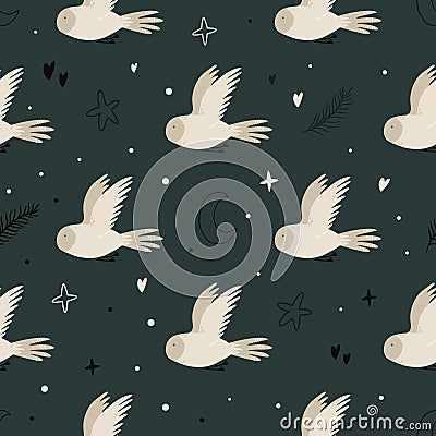 Seamless pattern with cute flying owls and hand drawn decorative elements Vector Illustration