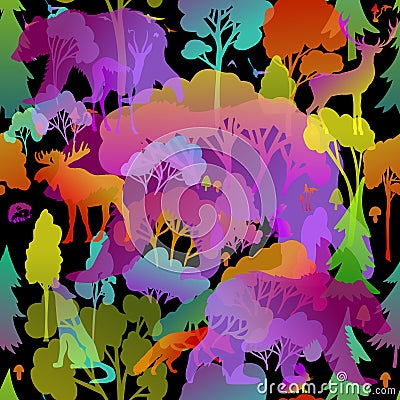 Seamless pattern with cute forest animals. Colored trees and beasts. At night on a dark background. Vector illustration Vector Illustration