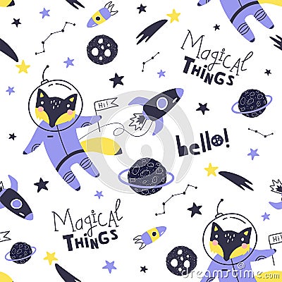 Seamless pattern with cute fox astronaut, planets, stars and comets. Space Background for Kids. Vector Vector Illustration