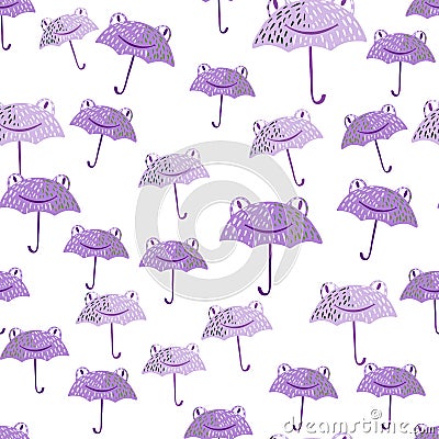 Seamless pattern cute frog umbrella. Background of funny accessory shape head toad in doodle style Vector Illustration