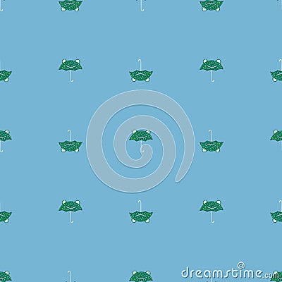 Seamless pattern cute frog umbrella. Background of funny accessory shape head toad in doodle style Vector Illustration