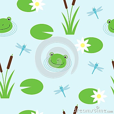 Seamless pattern with cute frogs and dragonflies. Vector background for kids. Vector Illustration