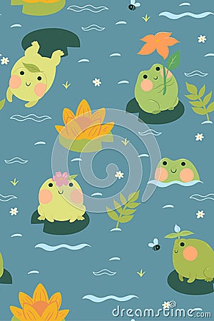 Seamless pattern with cute frogs and water lilies. Vector graphics Vector Illustration