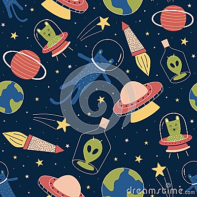 Seamless pattern with cute funny aliens and cat on galaxy with earth, planet, and stars. Background for children, kids, baby Vector Illustration