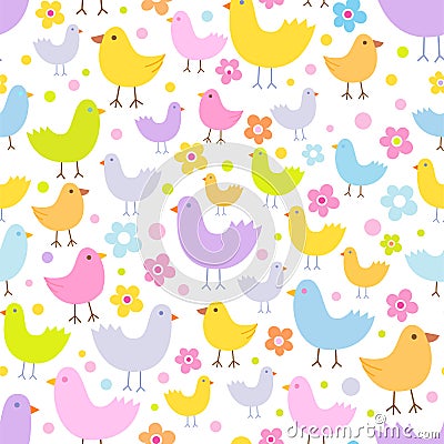 Seamless pattern with cute funny cartoon birds. Vector Illustration