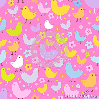 Seamless pattern with cute funny cartoon birds. Vector Illustration