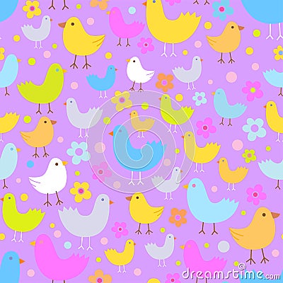 Seamless pattern with cute funny cartoon birds. Vector Illustration