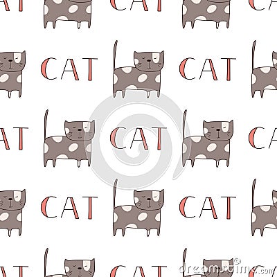 Seamless pattern cute funny cats. Endless background for printing. Hand-drawn childish flat vector illustration in Vector Illustration