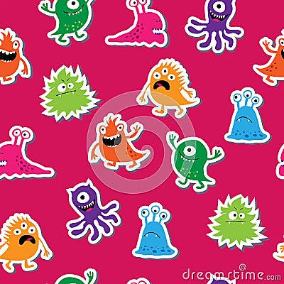 Seamless pattern with cute funny colorful monsters Vector Illustration