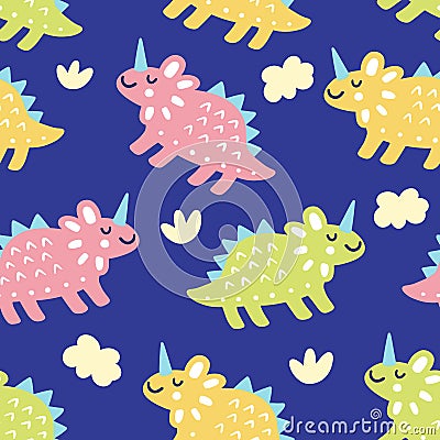 Seamless Pattern with cute funny dinosaur Vector Illustration