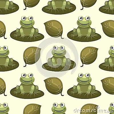 Seamless pattern, cute funny frogs and lily leaves on a gentle background.Children's print, background, textile Vector Illustration