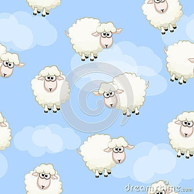 Seamless pattern with cute funny herd white sheeps on sky Vector Illustration