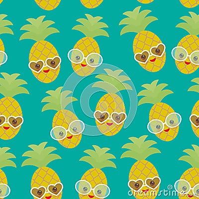 Seamless pattern cute funny kawaii exotic fruit pineapple with sunglasses on blue background. Hot summer day, pastel colors card d Vector Illustration