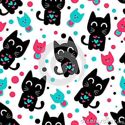 Seamless pattern with cute funny kittens Vector Illustration