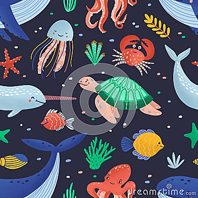 Seamless pattern with cute funny marine animals or happy underwater creatures living in sea. Ocean fauna. Flat cartoon Vector Illustration