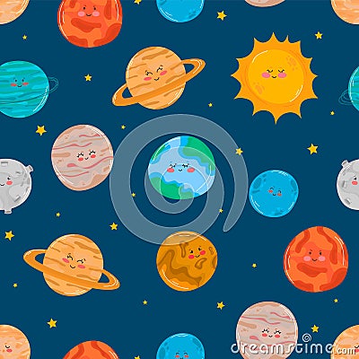 Seamless pattern. Cute and funny planet laughing and smiling. Vector illustration with the solar system, planets and Vector Illustration