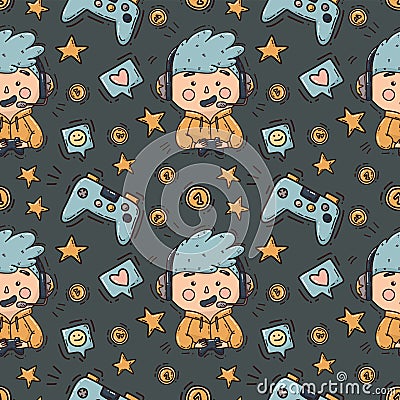 Seamless pattern with cute gamer Vector Illustration